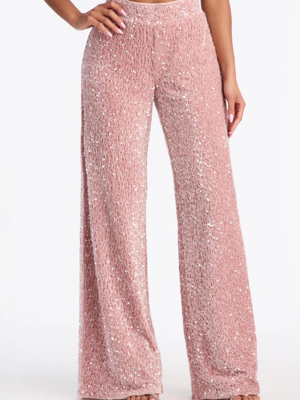 NWT Pale Pink Velvet Sequin Wide Leg Pants - L